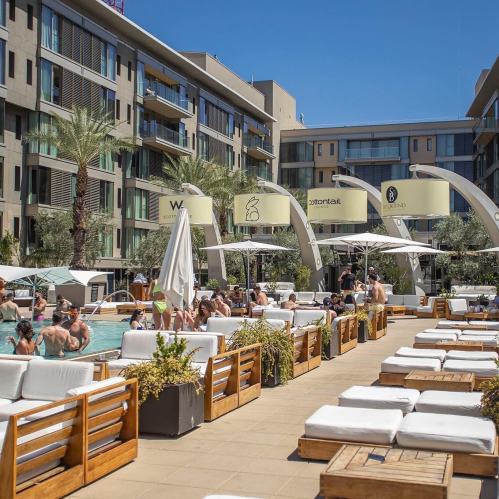 A lively pool area with sun loungers, palm trees, and people enjoying the sun at a modern hotel.