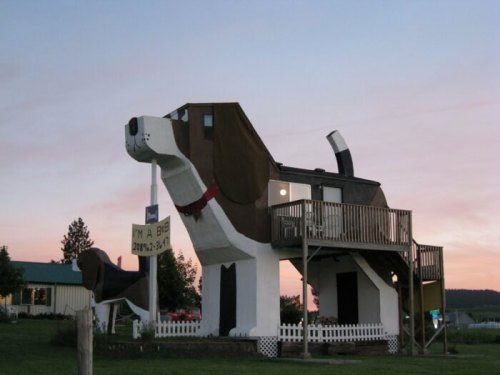 A large dog-shaped building with a deck, set against a colorful sunset sky.