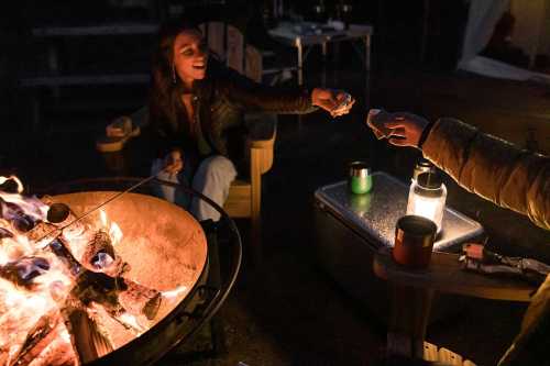 A person sitting by a campfire hands a treat to another person in a cozy outdoor setting at night.