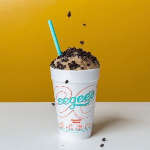 A cup of frozen dessert topped with crushed cookies, featuring a blue straw against a bright yellow background.