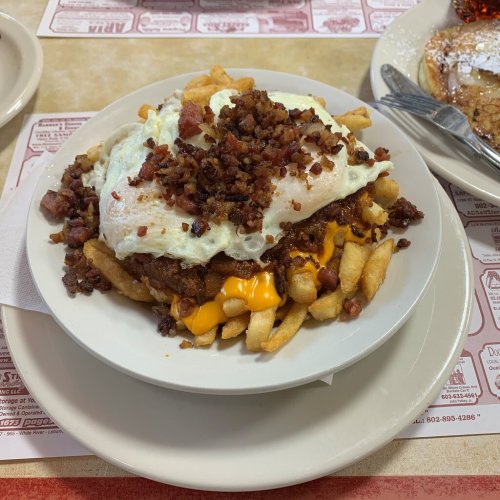 A plate of loaded fries topped with cheese, bacon, and two fried eggs.