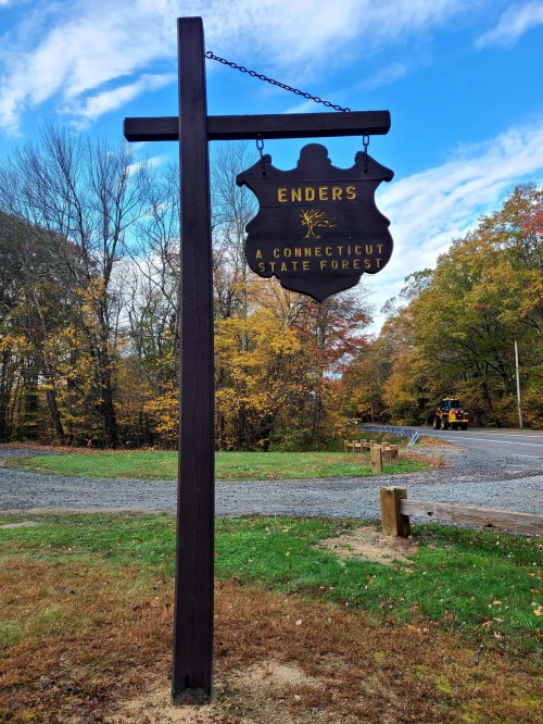 Sign for Enders State Forest in Connecticut, mounted on a wooden post, surrounded by autumn foliage and a clear sky.