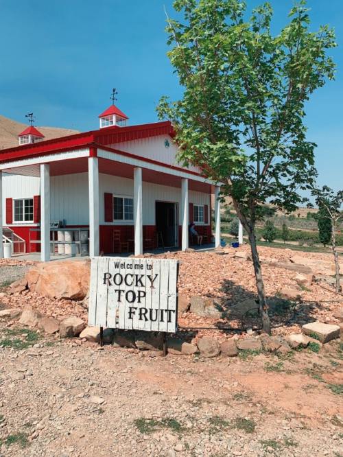 A red and white building with a sign reading "Welcome to Rocky Top Fruit," surrounded by gravel and a small tree.