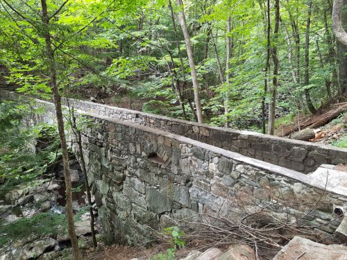 A stone bridge spans a forested area, surrounded by lush green trees and rocky terrain.