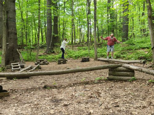 Two people balance on logs in a wooded area, surrounded by green trees and ferns.