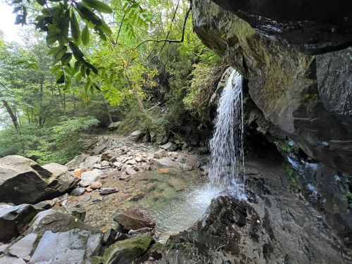 A serene waterfall cascades over rocks into a small pool, surrounded by lush greenery and rugged terrain.
