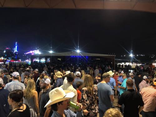 A large crowd of people wearing hats gathers at a nighttime outdoor event, with colorful lights in the background.