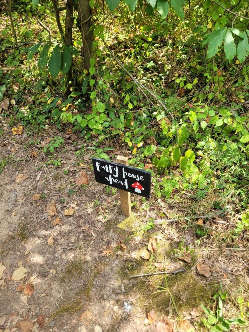A small wooden sign reading "Fairy House Ahead" stands among green foliage and dirt path.