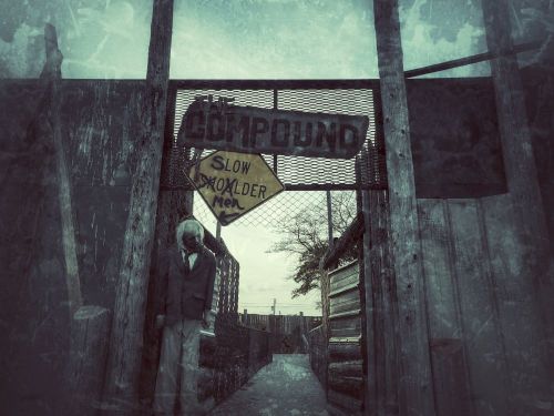 A weathered sign reading "The Compound" hangs over a dimly lit entrance, with a figure standing nearby in a desolate setting.