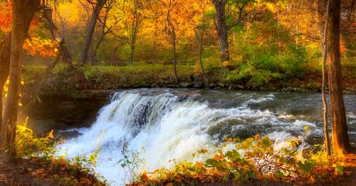 A serene waterfall surrounded by vibrant autumn foliage and trees, capturing the beauty of nature in fall.