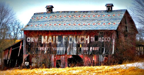 An old, weathered barn with faded advertisements and a rusty roof, surrounded by bare trees and grass.