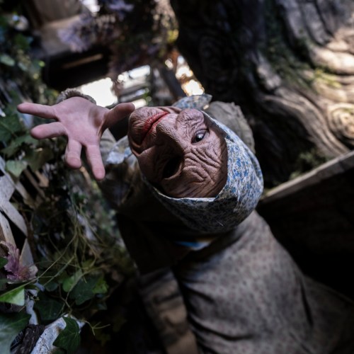 A creepy figure in a floral headscarf reaches out, surrounded by dark, overgrown foliage in a dimly lit setting.