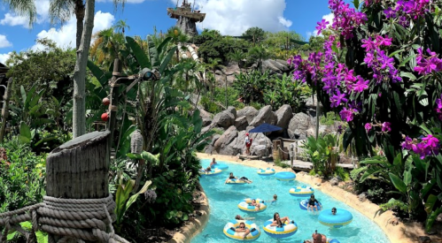 A lazy river surrounded by lush greenery and vibrant flowers, with people floating on inner tubes under a blue sky.