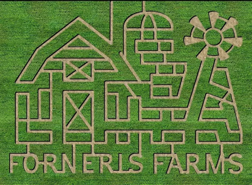 Aerial view of a farm-themed design carved into green grass, featuring a barn, silo, and windmill with "Fornelis Farms."