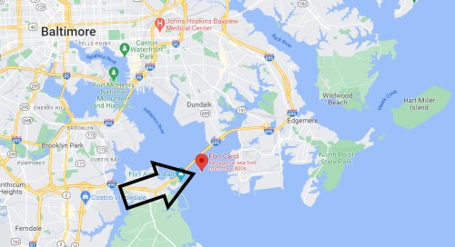 Map of Baltimore highlighting Fort Carroll, a historic sea fort, with nearby landmarks and waterways.