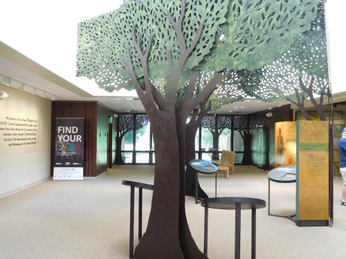 Interior of a park exhibit featuring large tree sculptures and informational displays, with a "Find Your Park" banner.