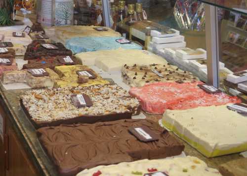 A display of various colorful fudge flavors arranged in a glass case, showcasing chocolate, vanilla, and fruit varieties.