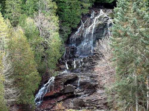 A cascading waterfall flows down rocky terrain, surrounded by lush green trees and autumn foliage.