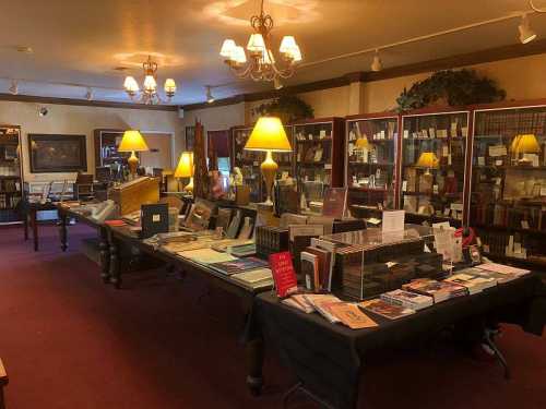 A cozy bookstore interior with tables of books, shelves, and warm lighting from lamps.