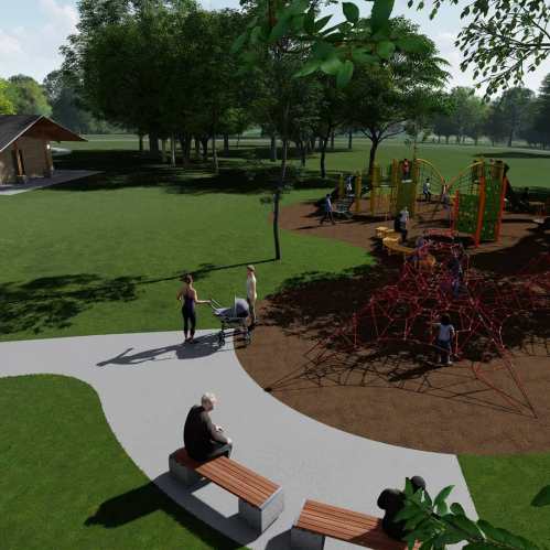 A park scene featuring playground equipment, people playing, and benches under trees in a green space.