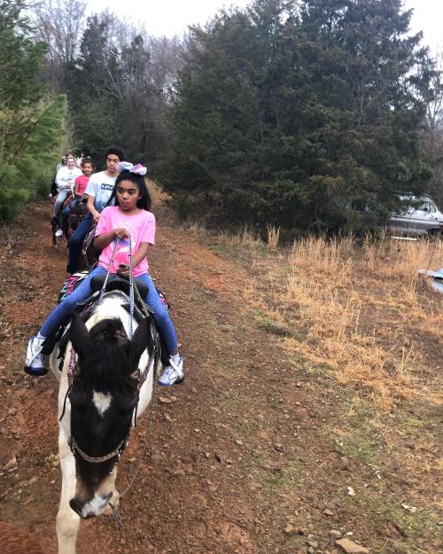 A group of children riding horses along a dirt path in a wooded area, wearing pink shirts and enjoying the outdoors.