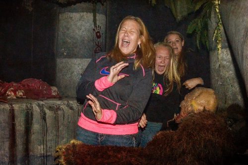 A group of three women scream in fear, reacting to a spooky scene with eerie decorations in a dark setting.