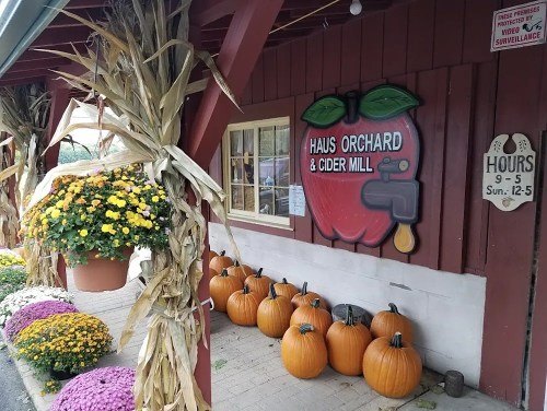 A rustic cider mill with a large apple sign, pumpkins, and colorful mums displayed outside.