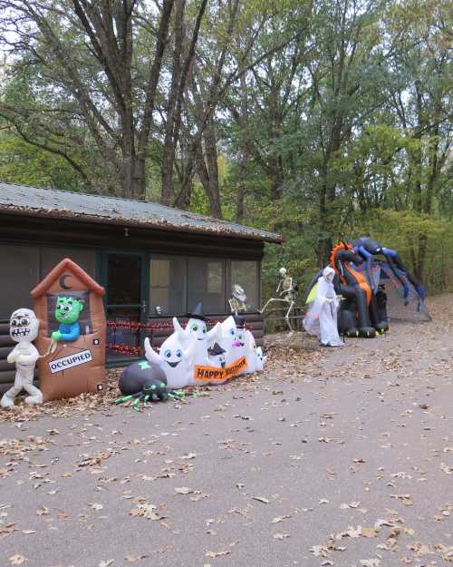 A Halloween display with inflatable ghosts, skeletons, and a spooky house in a wooded area.