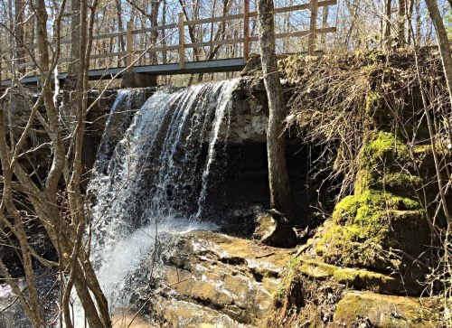 A serene waterfall cascades over rocks, with a wooden bridge above and trees surrounding the scene.