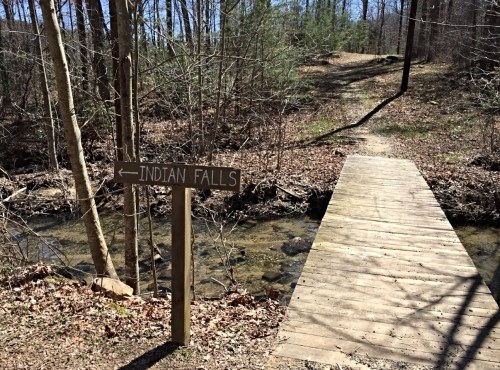 A wooden sign points left to Indian Falls, beside a small stream and a path through a wooded area.