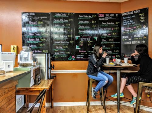 A cozy café interior with a chalkboard menu, two people sitting at a table enjoying their meals.