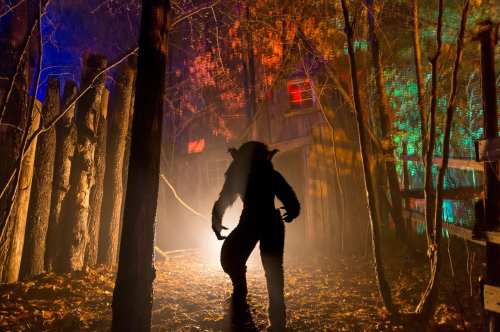 A shadowy figure in a forest, illuminated by colorful lights, stands near a spooky, abandoned building.