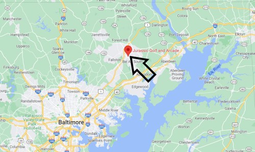 Map showing the location of Jurassic Golf and Arcade near Baltimore, Maryland, with an arrow pointing to it.