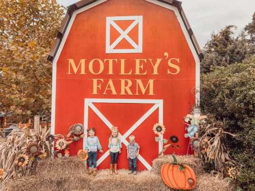 Three children stand in front of a bright red barn with "Motley's Farm" written on it, surrounded by pumpkins and hay.