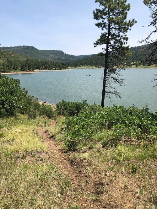A serene lake surrounded by greenery and mountains, with a clear blue sky above. A path leads to the water's edge.