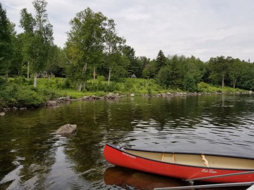 A red canoe rests on the calm water of a lake, surrounded by lush green trees and rocky shoreline.