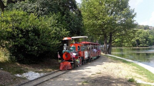 A colorful miniature train parked beside a lush green area near a calm body of water.