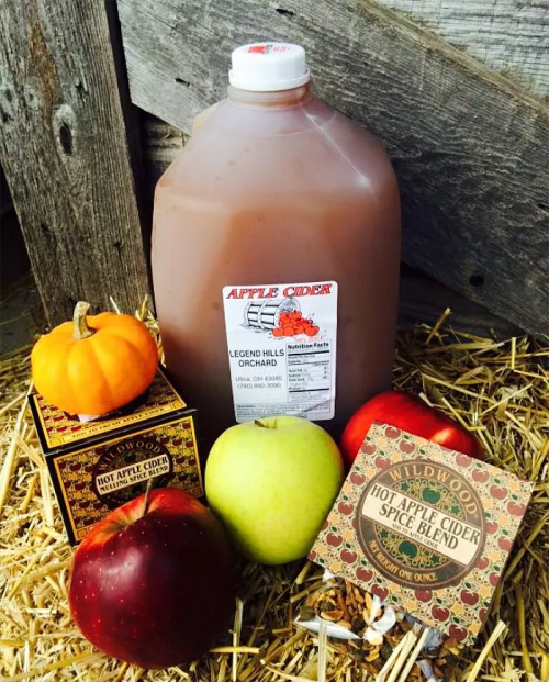 A jug of apple cider surrounded by a pumpkin, red apple, green apple, and spice blend boxes on straw.