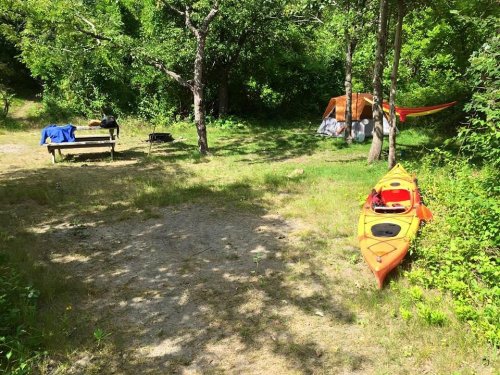 A serene campsite with a kayak, tent, picnic table, and lush greenery in the background.