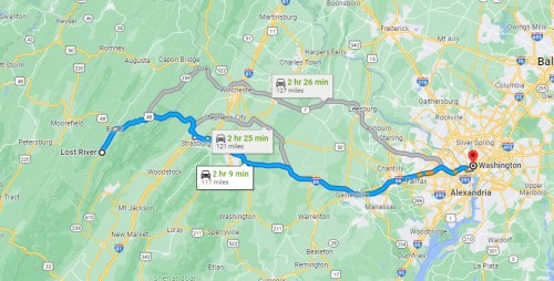 Map showing driving routes from Lost River to Washington, D.C., with estimated travel times and distances.