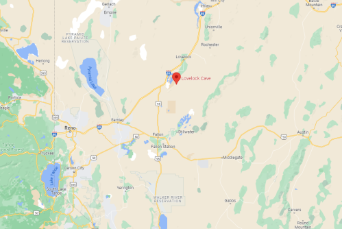 Map showing the location of Lovelock Cave near Lovelock, Nevada, with nearby roads and landmarks.