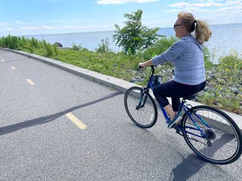 A person rides a bicycle along a scenic path by the water, surrounded by greenery and a clear blue sky.