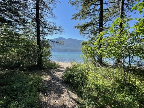 A serene view of a lake framed by trees, with mountains in the background under a clear blue sky.