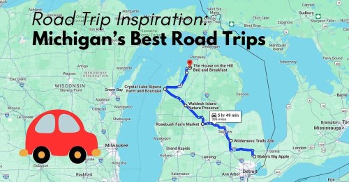 Map highlighting Michigan's best road trips, featuring stops like The House on the Hill B&B and Wilderness Trails Zoo.
