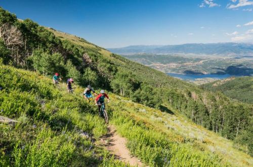Mountain bikers navigate a scenic trail surrounded by lush greenery and a distant lake under a clear blue sky.