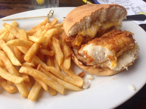 A fried chicken sandwich with melted cheese, served with a side of golden French fries on a white plate.