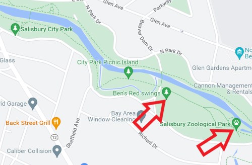 Map showing Salisbury City Park and Salisbury Zoological Park, with arrows indicating their locations.