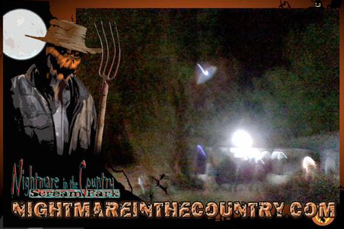 A dark, eerie scene featuring a scarecrow figure and a haunted park with glowing lights in the background.