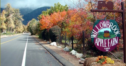 A scenic road lined with colorful autumn trees, featuring a sign for Willowbrook Apple Farm.
