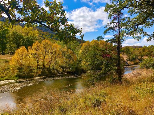 A serene river flows through a landscape of autumn trees under a blue sky with fluffy clouds.